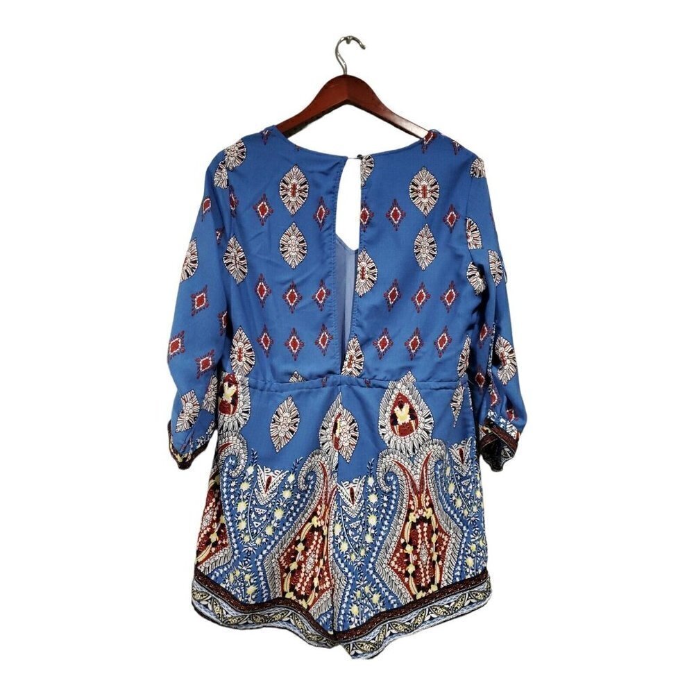 Xteran Women's 3/4 Roll Sleeve Blue Paisley Romper V-Neck Keyhole Back Sz L - Picture 2 of 12
